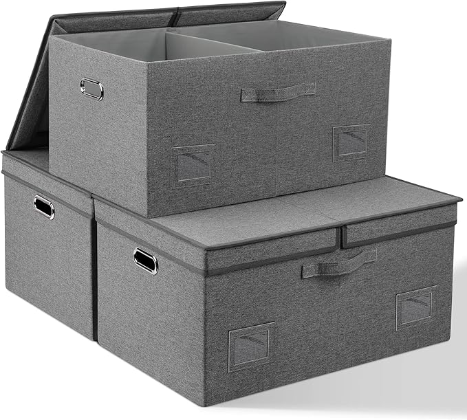 75 Quarts Extra Large Decorative Storage Bins with Lids, 3 Packs Gray Collapsible Storage Bins with Lids, Stackable Storage Bins Decorative Box Storage With Lid Extra Large-Ruum Studio Home