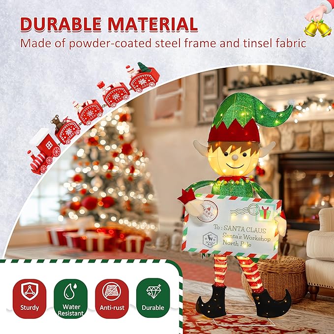4.8FT Lighted Elf with Envelope Outdoor Christmas Decoration, 3D Pre-Lit Elf Decor with 100 LED Lights for Christmas, Freestanding Glittered Holiday Display for Outdoor, Indoor-Ruum Studio Home