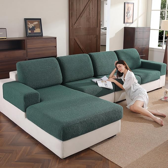 Couch Cushion Covers for Sectional Sofa, Stretch Soft Sofa Slipcovers Washable Wear-Resistant Universal Furniture Protector for Living Room(3 Seaters Covers+1 Chaise Cover, Green)-Ruum Studio Home