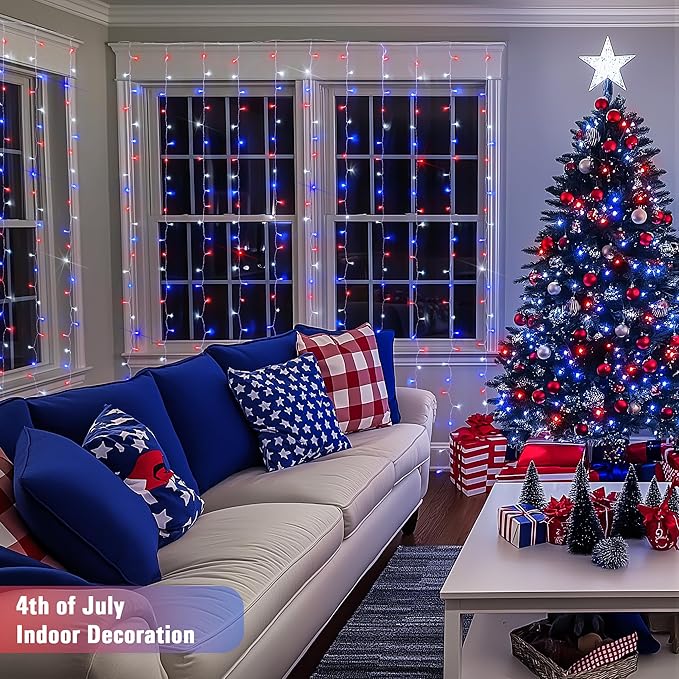 JMEXSUSS 300LED Red White and Blue Lights with Remote, 4th of July Lights Plug in, Patriots Curtain Hanging String Lights for Bedroom Wall Window Backdrop Indoor Outdoor 4th of July Decor, 9.8x9.8ft-Ruum Studio Home