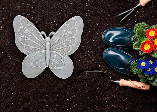 NAT & Jules Animal Character Shaped Dimensional Indoor Outdoor 11 inch Cast Resin Decorative Garden Stepping Stone, Patio, Walkway Sculpture Yard Art, Stone Grey Butterfly-Ruum Studio Home