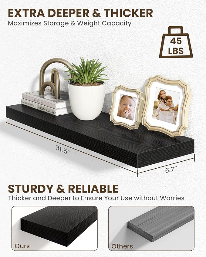 Marsmiles 31.5" Floating Shelves for Wall, Wooden Shelves with Invisible Brackets Set of 2, Rustic Farmhouse Wall Mounted Shelf for Kitchen Bathroom Living Room Study, Black-Ruum Studio Home