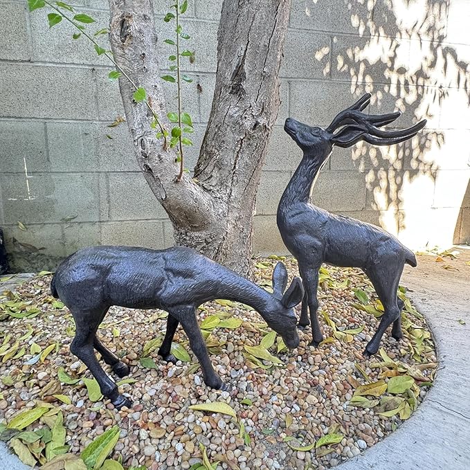 Elegant Pair of Cast Iron Deer Sculptures -22" and 11.4" Tall Male and Female Set for Outdoor Garden Decor, Realistic Animal Statues HC3672-5691-Ruum Studio Home
