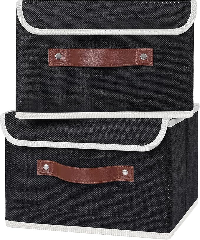 ANMINY 4PCS Storage Bins with Lid PU Leather Handles Storage Boxes PP Plastic Board Decorative Foldable Lidded Cotton Linen Fabric Home Cubes Baskets Closet Organizer Containers - Black, Small Size-Ruum Studio Home
