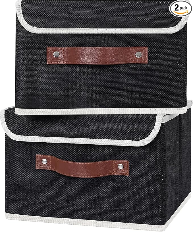 ANMINY 2PCS Storage Bins with Lid PU Leather Handles Storage Boxes PP Plastic Board Decorative Foldable Lidded Cotton Linen Fabric Home Cubes Baskets Closet Organizer Containers - Black, Small Size-Ruum Studio Home