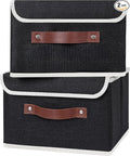 ANMINY 2PCS Storage Bins with Lid PU Leather Handles Storage Boxes PP Plastic Board Decorative Foldable Lidded Cotton Linen Fabric Home Cubes Baskets Closet Organizer Containers - Black, Small Size-Ruum Studio Home