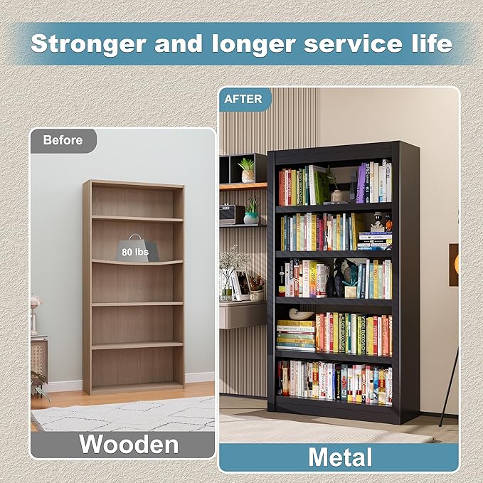 Bookshelf, 5-Tier Sturdy Bookcase, Adjustable Book Shelf, Large Capacity per Shelf, Modern Book Shelf for Living Room, Home Office, Garage, Perfect for Home Organization & Small Space Living-Ruum Studio Home