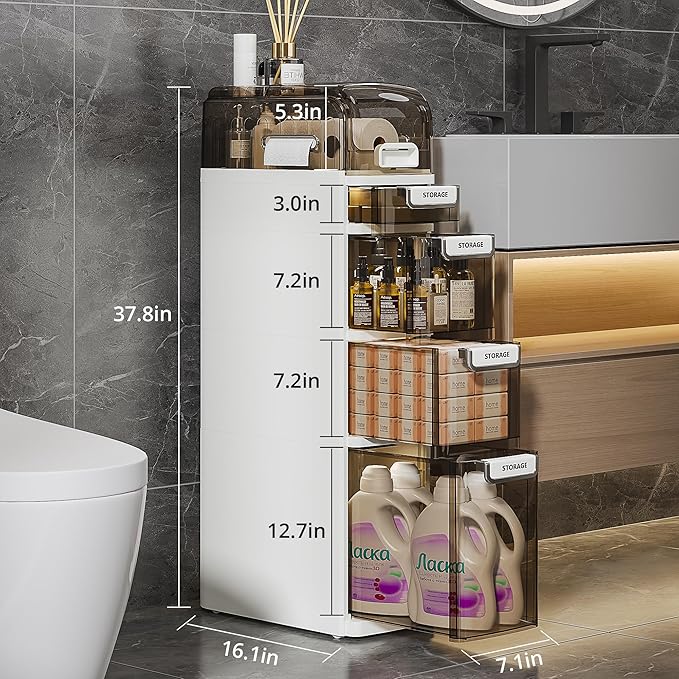 VECELO 5-Tier Narrow Beside Toilet Storage Cabinet, Plastic Bathroom Organizers and Storage with Drawers & Wheels, Space-Saving, Slim Toilet Paper Storage for Bathroom, Laundry Room, Small Space-Ruum Studio Home