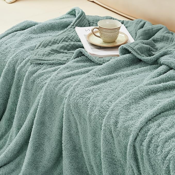 EMME Muslin and Fleece Twin Blanket Reversible - 60"*80" Teal Soft Warm Throw Blankets for Couch Bed Picnic Travel Bed-Ruum Studio Home