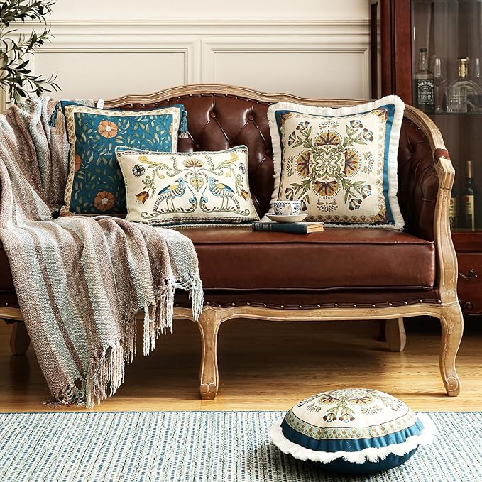 patdrea Designer Throw Pillow Covers Set of 4,French Vintage Blue Linen with Floral Collection Pattern Pillow Cover,Decorative Rectangle and Square Pillowcases Cushion for Bed Living Room Outdoor-Ruum Studio Home