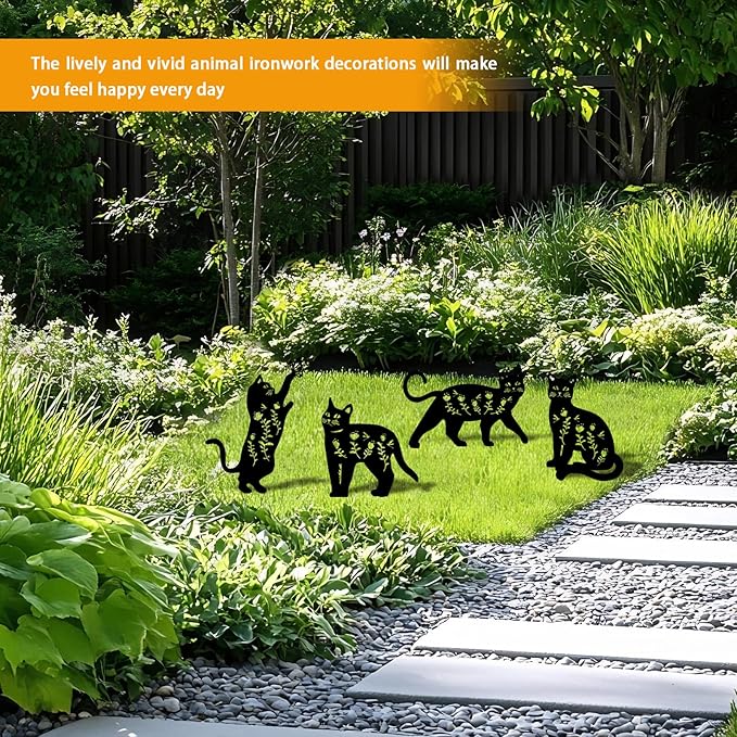 4 Pack Cat Metal Garden Decorative Stakes, Weather Proof Silhouette Statues for Yard, Patio,Outdoor Decor for Cat Lovers and Pet Owners-Ruum Studio Home
