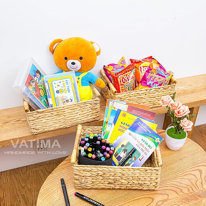 VATIMA Hyacinth Medium Wicker Basket 13.6x9.5x5.6" - With Handle, Living Room Decor, Rectangular Design-Ruum Studio Home