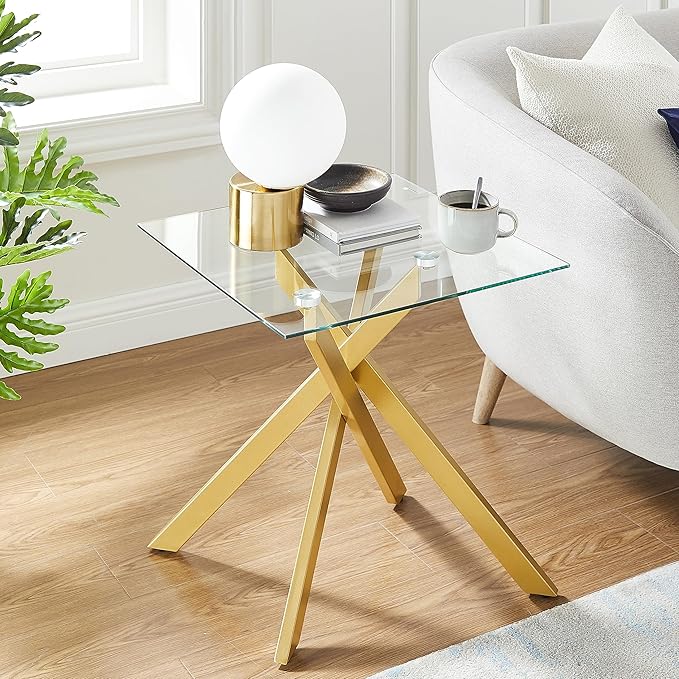 Modern Style Square Side Table with Tempered Glass Top and Metal Tubular Legs, Gold 20”Dx20”Wx22”H-Ruum Studio Home