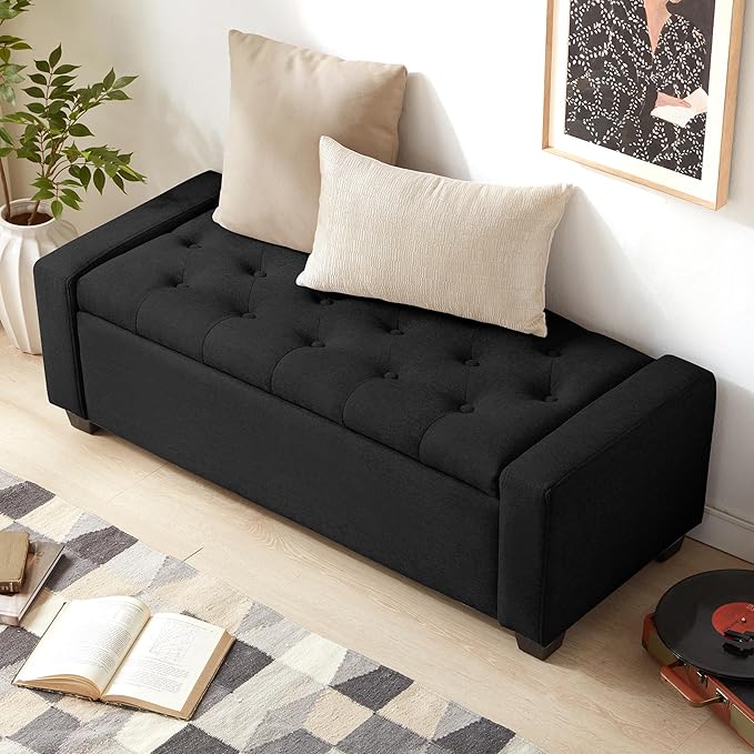 48" Ottoman with Storage, Black Storage Ottoman Bench with Safety Hinge, Upholstered Entryway Bench with Seating for Bedroom, Living Room, Holds up to 330 lb-Ruum Studio Home