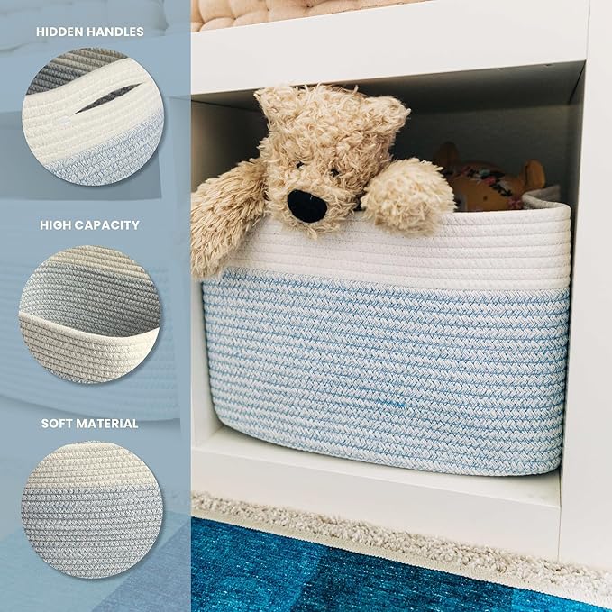 OrganiHaus Set of 3 Woven Storage Baskets for Organizing, Cotton Rope Organizer Bins for Shelves, Closet & Nursery, Dog Toy Basket, Decorative Bins for Toys, Towels & Books - 15x10x9, Blue/Off-White-Ruum Studio Home