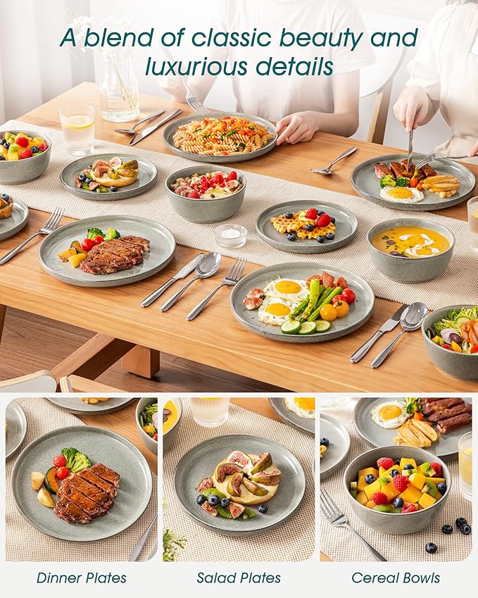 vancasso ANYA 24 Pieces Plates and Bowls Set, Stone Grey Dinnerware Sets, Reactive Glaze Dishes Set for 8, Ceramic Dishware Sets Kitchen Dinner Set, Microwave & Dishwasher Safe-Ruum Studio Home