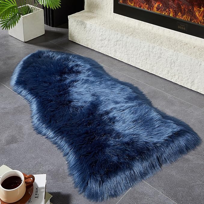 AMTOVO Faux Fur Rug, Dark Blue Area Rug, Fluffy Sheepskin Rug, Fuzzy Ultra Soft 2 x 4 ft Shag Rugs for Bedroom Sofa Throw Cushion Room Decor, Sheepskin-Ruum Studio Home