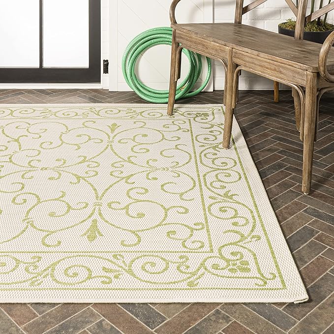 JONATHAN Y Vintage Filigree Indoor Outdoor Area Rug 8X10 Cream/Green, Charleston Textured Weave for Backyard, Patio, Porch, Easy-Cleaning, High Traffic, Pet-Friendly, Non-Shedding (SMB106I-8)-Ruum Studio Home