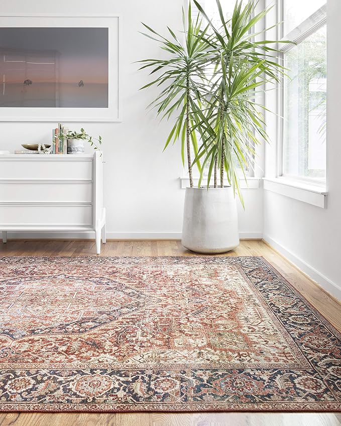 Loloi Layla Collection LAY-08 Red/Navy 5'-0" x 7'-6" .13" Thick Area Rug, Soft, Durable, Vintage Inspired, Distressed, Low Pile, Non-Shedding, Easy Clean, Printed, Living Room Rug-Ruum Studio Home
