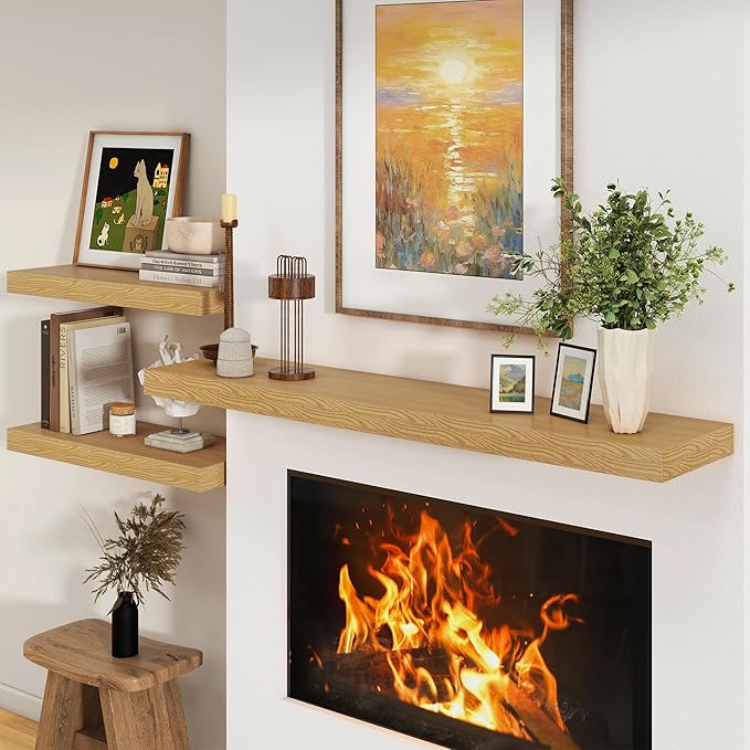 Deep Floating Shelves for Wall - 55 Inch Wide x 12 Inch Deep Wall Shelves Set of 1 - Rustic Oak Color Wood Shelves for Living Room, Bathroom, Laundry Room, Bedroom, Kitchen, Home Office-Ruum Studio Home