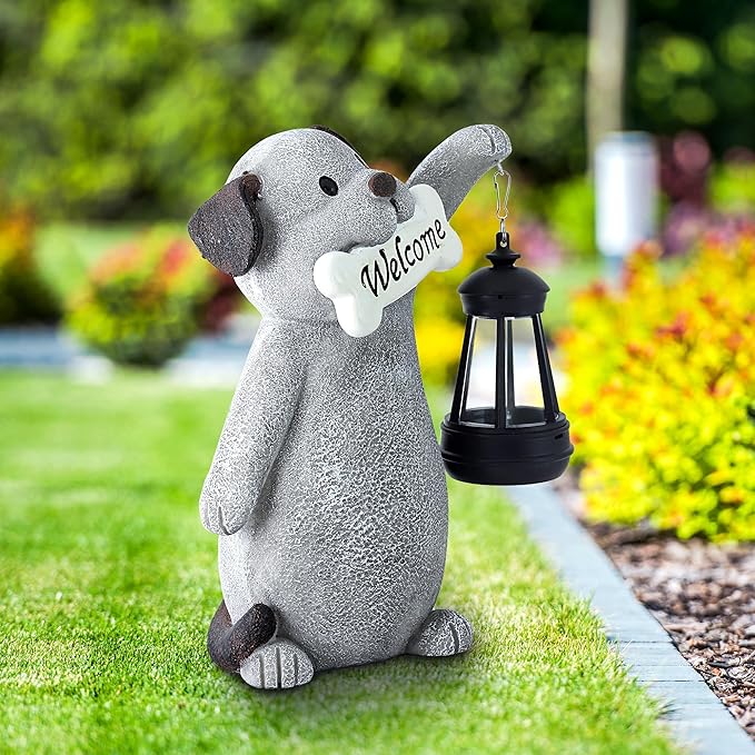 Solar Dog Statues for Garden Decor - Outdoor Dog Figurines with Solar Lantern for Yard Patio Lawn Balcony Ornaments - Garden Gifts for Mothers Day, Grandma, Easter-Ruum Studio Home