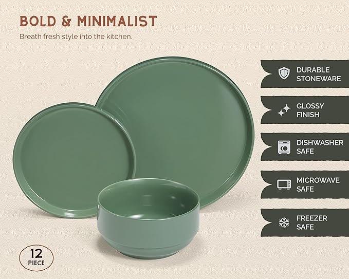 Ceramic Dinnerware Set, 12-Piece Service for 4, Round, Microwave and Dishwasher Safe, Cambridge Classics (Dusty Jade)-Ruum Studio Home