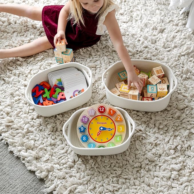 NaturalCozy 5-Piece Rectangle Storage Basket Set- Natural Cotton Rope Woven for Organizing! Small Basket for Montessori, Baby Nursery, Dog Toy Baskets, Cat Toy Box, Bathroom Organization Bin-Ruum Studio Home