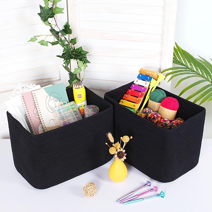 MINTWOOD Design 3-Pack Storage Baskets for Shelves, Playroom and Classroom, Book Basket, Decorative Storage Cube Bins, Woven Closet Organizers, Pantry and Shoe Organizer, Full Black-Ruum Studio Home