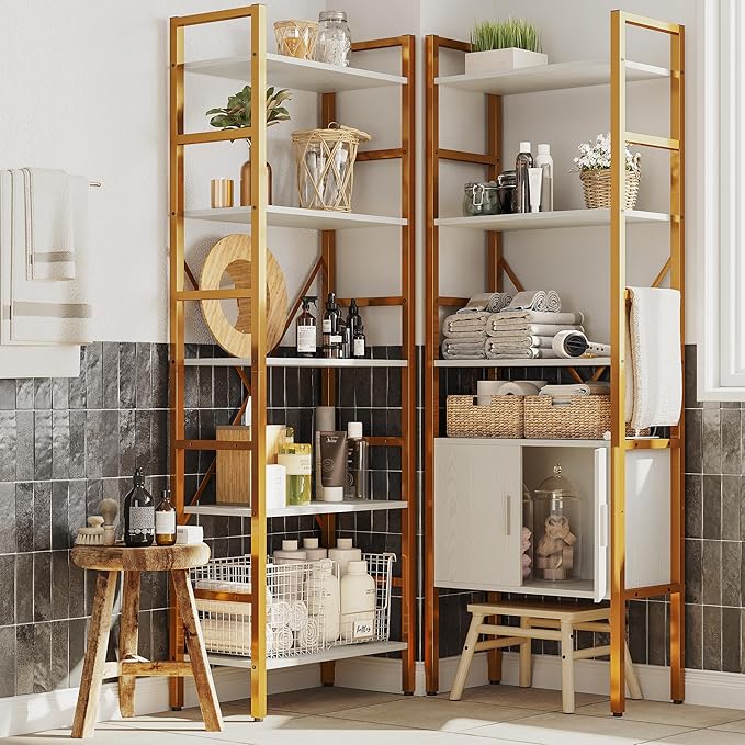 Triple 5 Tier Bookshelf, Industrial Large Bookcase with Storage Cabinet, Tall Gold Bookshelf with 14 Open Display Shelves Metal Frame Furniture for Living Room Bedroom Home Office Gold & White-Ruum Studio Home