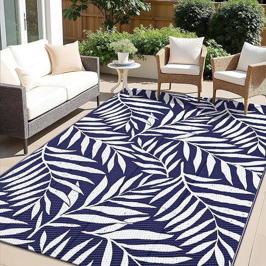 OLANLY Waterproof Outdoor Rug 5x8 ft, Reversible Outdoor Plastic Straw Rug with Leaf Pattern, RV Mat, Indoor Outdoor Carpet for Patio, Camping, Balcony, Deck, Backyard, Navy & White-Ruum Studio Home
