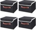 ANMINY 4PCS Storage Bins with Lid PU Leather Handles Storage Boxes PP Plastic Board Decorative Foldable Lidded Cotton Linen Fabric Home Cubes Baskets Closet Organizer Containers - Black, Small Size-Ruum Studio Home