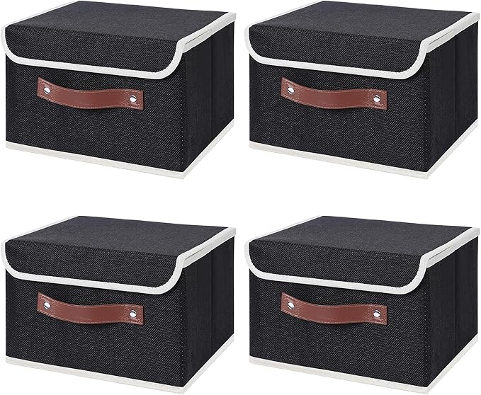 ANMINY 4PCS Storage Bins with Lid PU Leather Handles Storage Boxes PP Plastic Board Decorative Foldable Lidded Cotton Linen Fabric Home Cubes Baskets Closet Organizer Containers - Black, Small Size-Ruum Studio Home