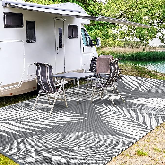 GENIMO Outdoor Rug 9' x 18' Waterproof for Patios Clearance, Reversible, Plastic Straw Camping Rug Carpet, Large Area Rugs Mats for RV, Picnic, Backyard, Deck, Balcony, Porch, Beach, Grey&White-Ruum Studio Home