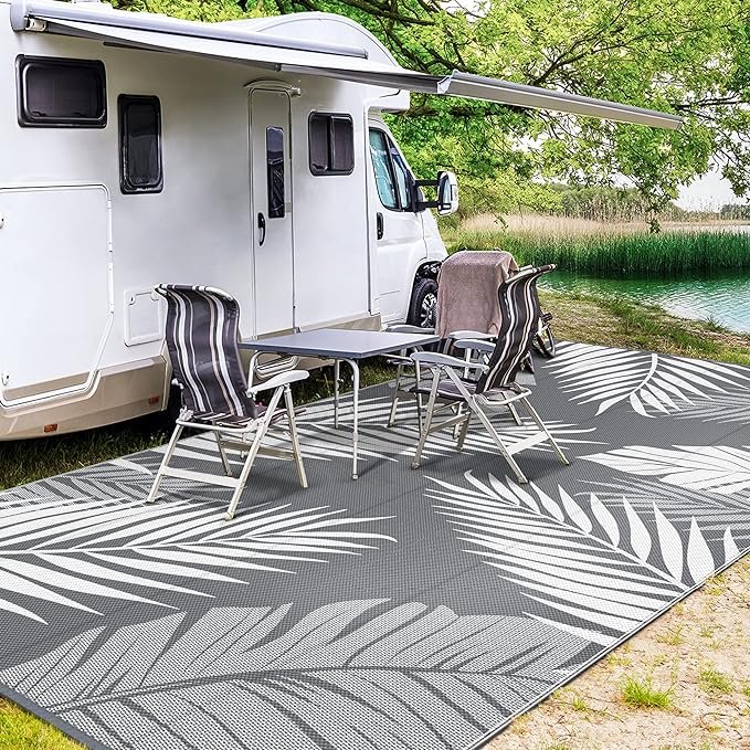 GENIMO Outdoor Rug 10' x 14' Waterproof for Patios Clearance, Reversible Outdoor Plastic Straw Camping Rug Carpet, Large Area Rugs Mats for RV, Camper, Deck, Balcony, Porch, Beach, Picnic, Grey&White-Ruum Studio Home