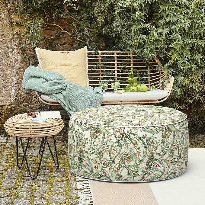 LVTXIII Outdoor Inflatable Ottoman, Fade-Resistant Round Footrest Stool D31”x H14”, Portable Patio Pouf for Garden Camping or Home Use, Faylinn Shadow Paisley-Ruum Studio Home
