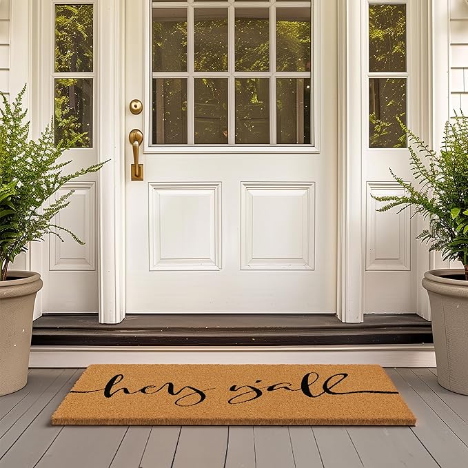 Barnyard Designs Natural Coco Coir Heavy Duty Backing Doormat - Large Cute Non-Slip Front Door Welcome Mat for Outside Entrance or Porch Entry, Brown (24x36, Y'all)-Ruum Studio Home