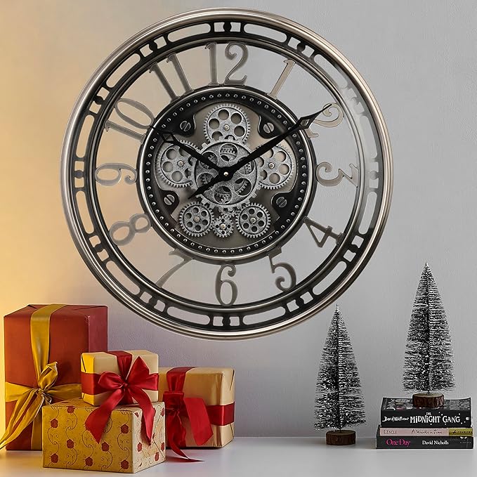 CLXEAST 21 Inch Large Moving Gear Wall Clock,Industrial Steampunk Decor,Decorative Wall Clock for Modern Farmhouse Living Room Decor,Gunmetal Silver Finish-Ruum Studio Home