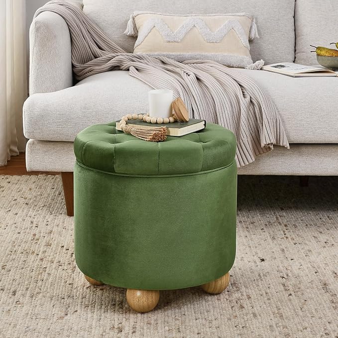 Furniliving Upholstered Button Tufted Round Ottoman, Velvet Storage Ottomans Round, Removable Lid Convenient Footstools, Bedroom Ottoman with Storage for Vanity, Living Room, Green-Ruum Studio Home
