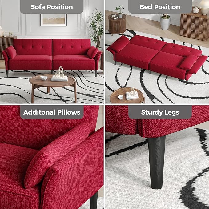 89” Futon Sofa Bed, Linen Comfy Futon Couch Bed with 2 Square Pillows, Convertible Sleeper Sofa with Adjustable Backrest& Armrests, Modern Loveseat Sleeper for Living Room, Bedroom, Red-Ruum Studio Home