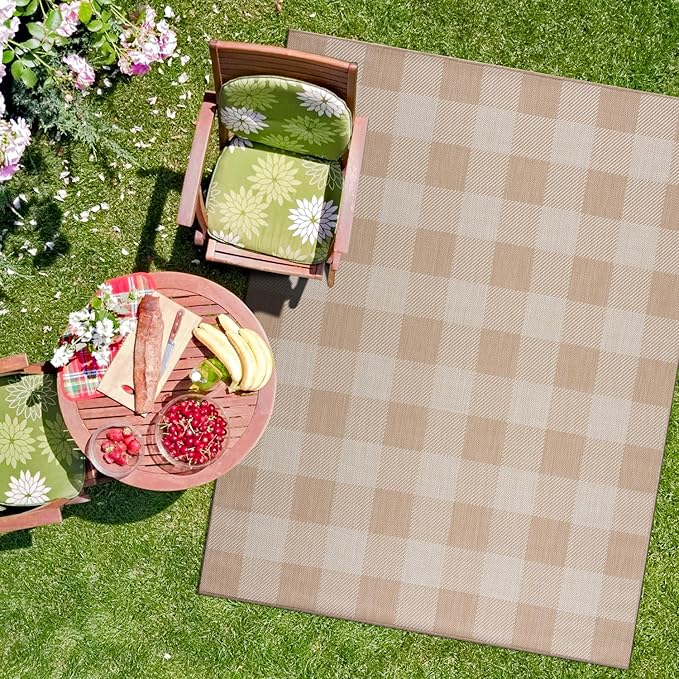 CAMILSON Outdoor Rug - Modern Area Rugs for Indoor and Outdoor Patios, Kitchen and Hallway mats - Easy Cleaning Non Shedding Washable Outside Carpet (8x10, Buffalo - Beige/White)-Ruum Studio Home