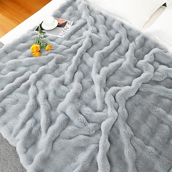 RYNGHIPY Faux Fur Throw Blanket Double Side Thick and Warm for Couch Plush Fluffy Faux Rabbit Fur Decoration for Sofa Chair and Bed Grey Winter Blanket (Grey, 51''x63'')-Ruum Studio Home
