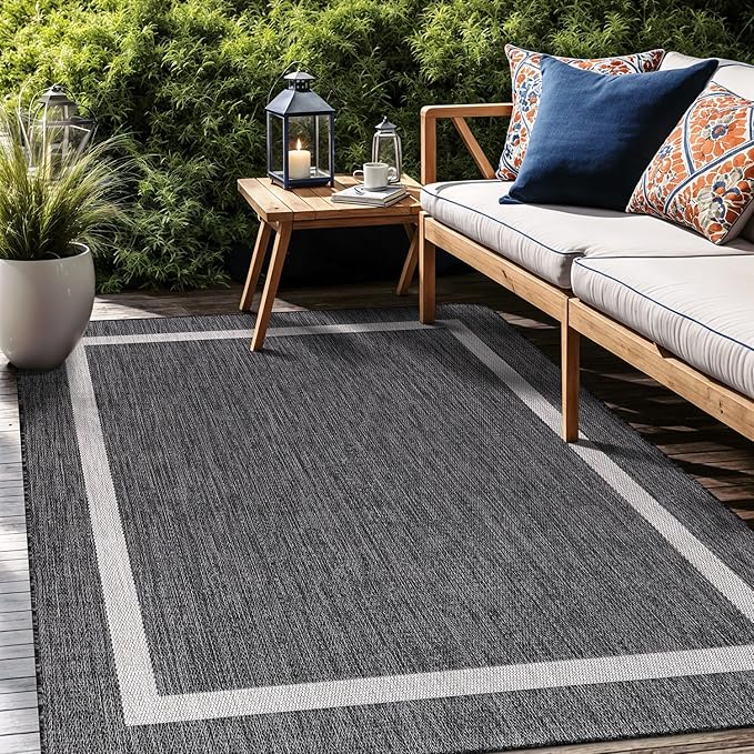 Bordered Outdoor Rug 9x12 Washable Outside Carpet for Indoor Patio Porch Waterproof Easy Cleaning Non Shedding Area Rugs Gray 9 x 12-Ruum Studio Home