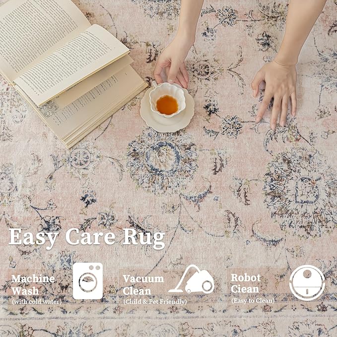 5'x7' Vintage Floral Rug - Persian Inspired Low-Pile Faux Wool Area Rug, Non-Slip Washable Rug for Bedroom, Nursery, Dorm, Soft Pink Boho Chic Decor-Ruum Studio Home