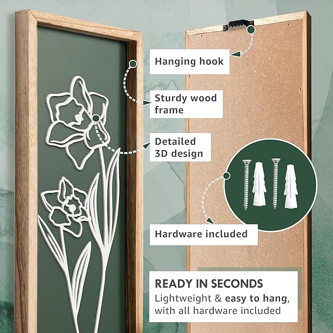 3D Floral Green Wall Art (Set of 3) Lightweight, Wooden Ready-to-Hang Boho Framed Wall Art for Bathroom, Master Bedroom, Living Room or Office - Premium Sage Green Farmhouse Decor - Gift-Boxed-Ruum Studio Home