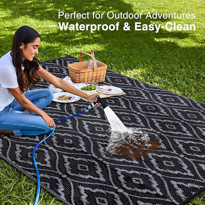 OLANLY Outdoor Rug 6x9 ft Waterproof, Outdoor Plastic Straw Rug with Geometric Pattern Clearance, Reversible RV Mat for Patio, Camping, Balcony, Deck, Backyard, Black & Grey-Ruum Studio Home