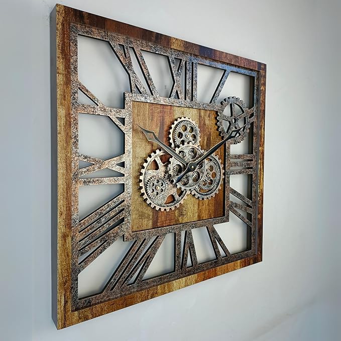 The Gears Clock 24'' Inch Square Real Moving Gear Wall Clock Vintage Industrial Oversized Rustic Farmhouse (Vintage Brown)-Ruum Studio Home