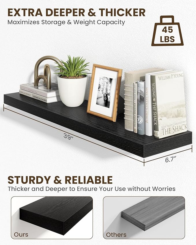 Marsmiles 39" Floating Shelves for Wall, Wooden Shelves with Invisible Brackets Set of 2, Rustic Farmhouse Wall Mounted Shelf for Kitchen Bathroom Living Room Study, Black-Ruum Studio Home