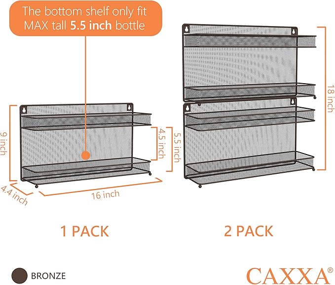 CAXXA 2 PK 2 Tier Mesh Kitchen Counter-top or Wall Mount Spice Rack Jars Storage Organizer, Bronze-Ruum Studio Home