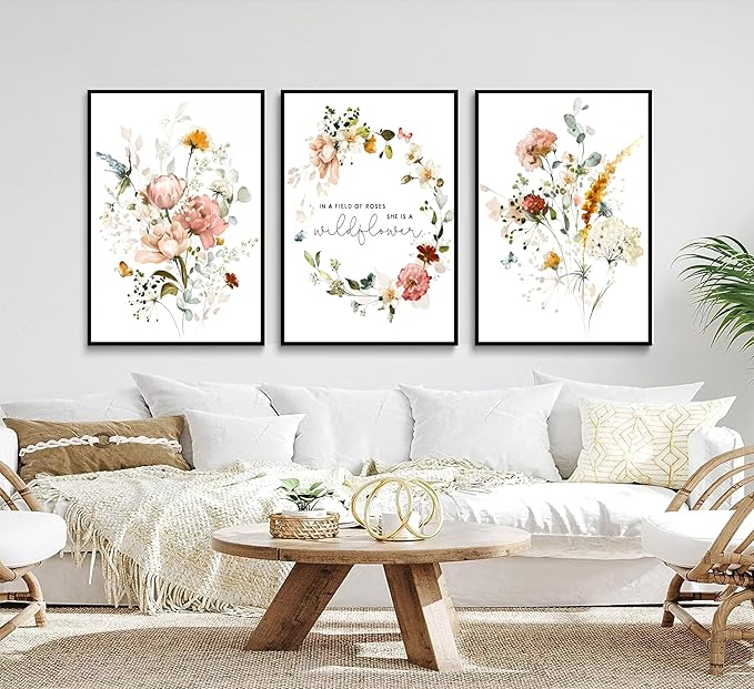3Pcs Pink Flowers Canvas Wall Art In A Field Of Roses She Is A Wildflower Painting Picture Decor Watercolor Wreath Poster Print Artwork for Nursery living room Girls Room Home Decoration Unframed-Ruum Studio Home