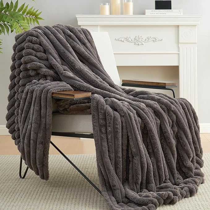 Amélie Home Faux Fur Throw Blanket for Couch, Cozy Fuzzy Fluffy Fur Luxurious Soft Striped Plush Gift Blankets for Family Sofa Chair Bed Living Room Bedroom, 55"x70", Charcoal Grey-Ruum Studio Home